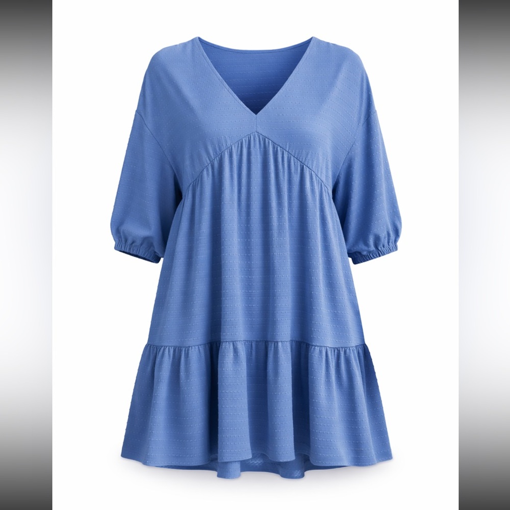 LOFT Blue Swiss Dot V-Neck Tiered Babydoll Mini Dress NWT Size 16